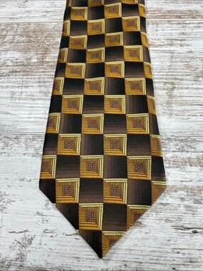 Bruno Piattelli Silk Tie 64” Extra Long Geometric Cube Brown Gold Wide 4” USA